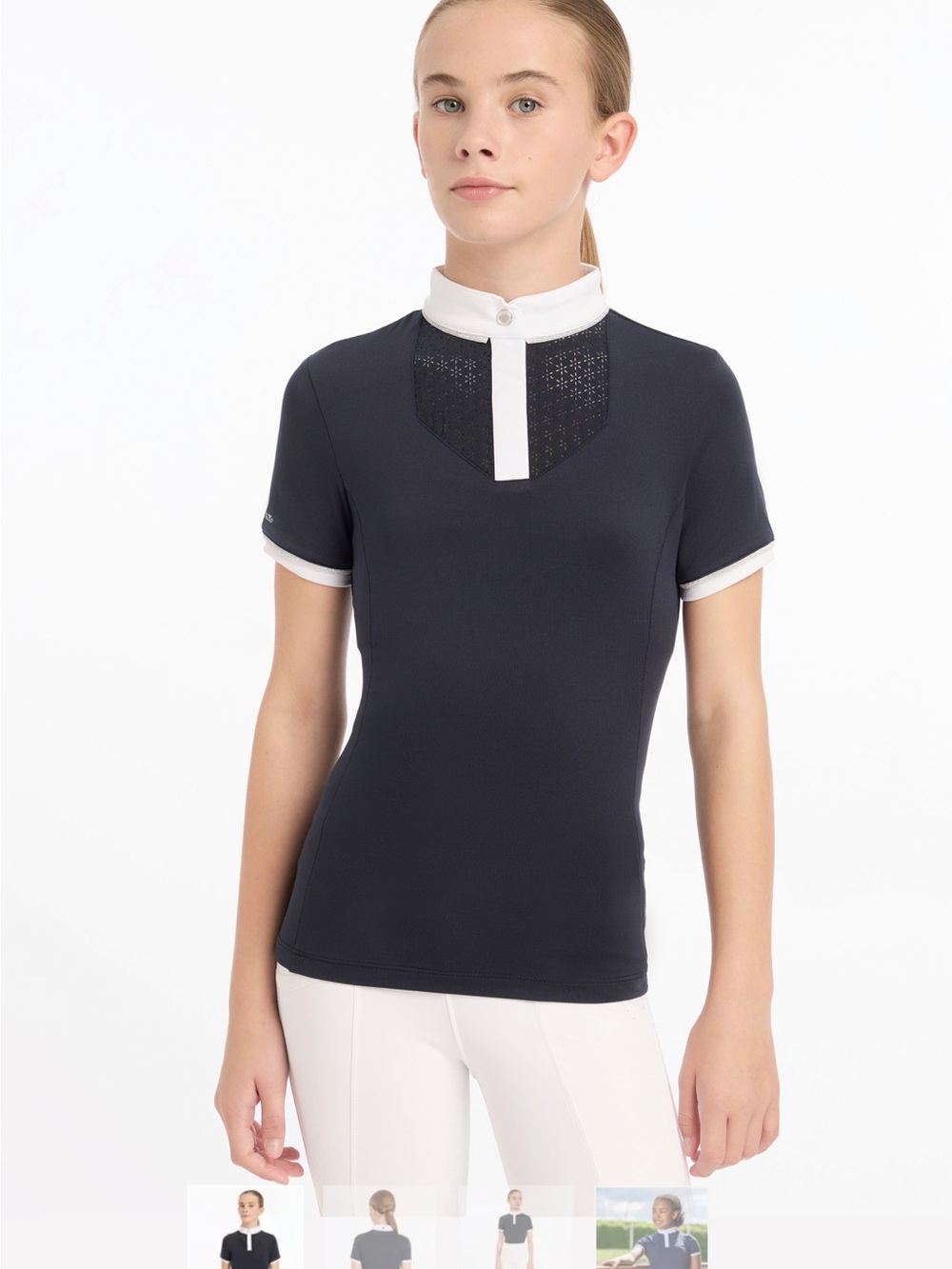 Girls' Navy Short-Sleeve LeMieux Riding Show Shirt with White Trim